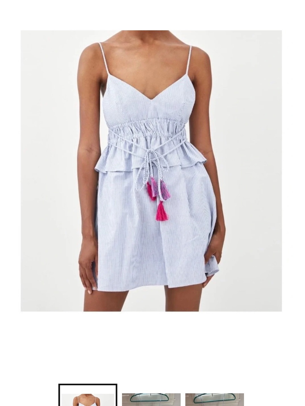 zara trf Blue & White Striped Spaghetti Strap romper with Tassel Ties